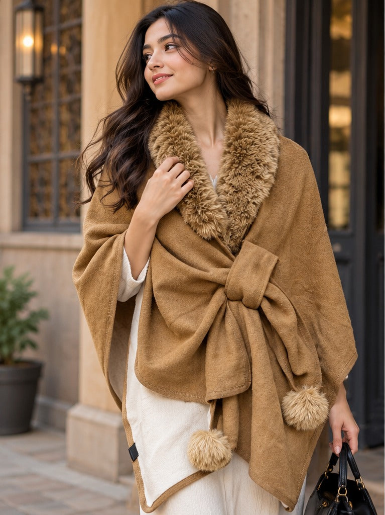 Women's Camel Tan Front-Tie Poncho with Faux Fur Trim & Pompom Accents