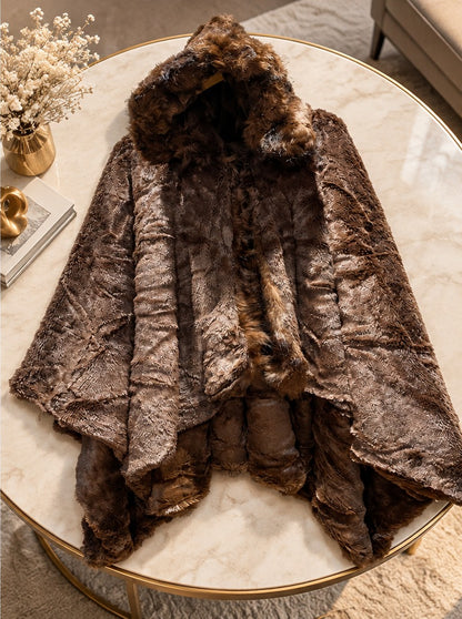 Women's Chocolate Brown Plush Fur Hooded Winter Poncho Cape