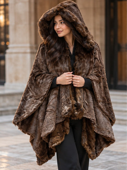 Women's Chocolate Brown Plush Fur Hooded Winter Poncho Cape