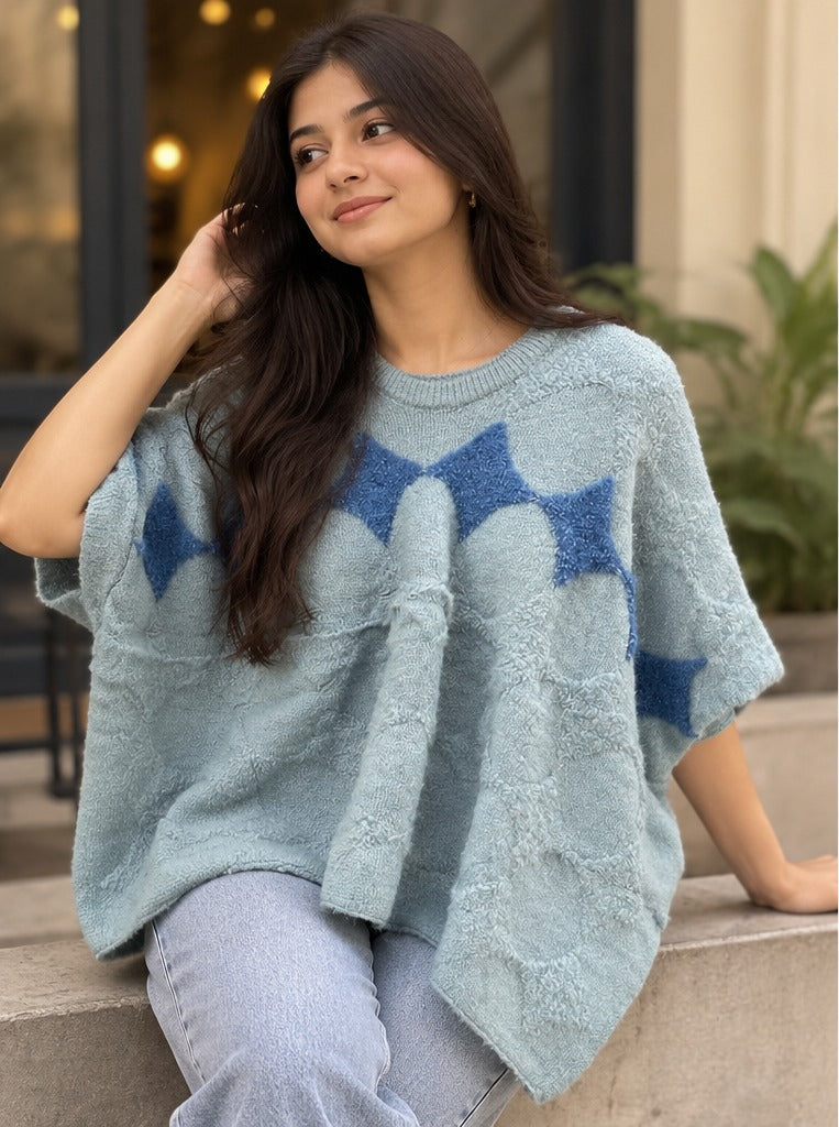 Women's Sky Blue Diamond Pattern Knit Poncho Sweater