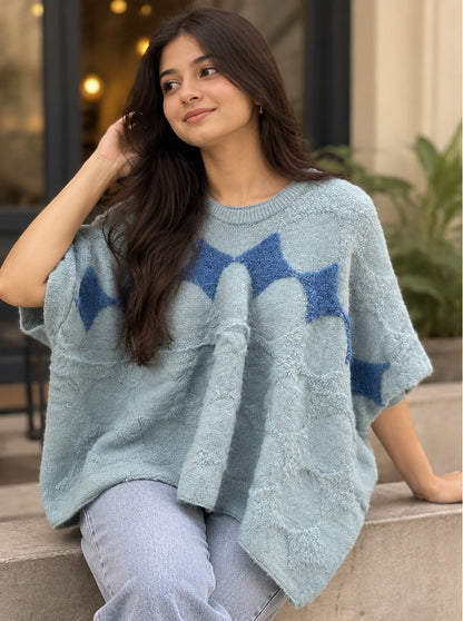 Women's Sky Blue Diamond Pattern Knit Poncho Sweater