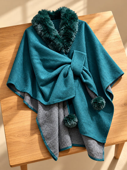 Women's Teal Green Front-Tie Poncho Cape with Fur Collar & Pompoms