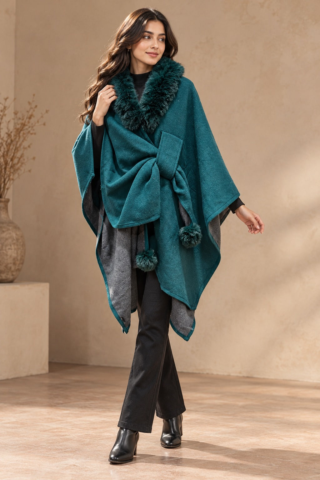 Women's Teal Green Front-Tie Poncho Cape with Fur Collar & Pompoms