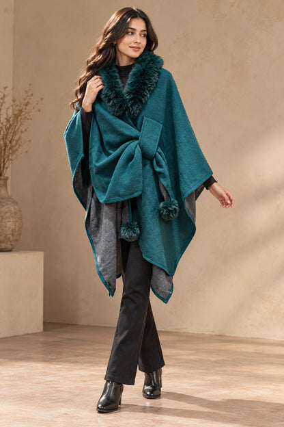 Women's Teal Green Front-Tie Poncho Cape with Fur Collar & Pompoms