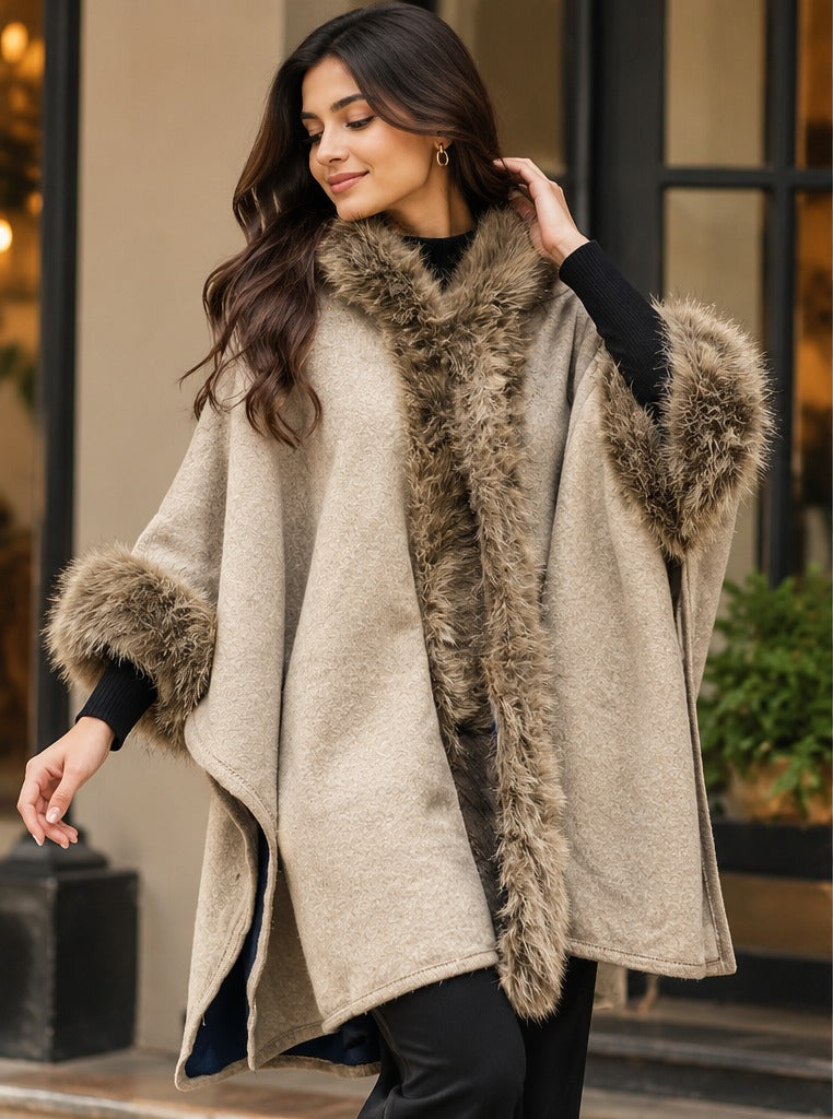 Women's Beige Hooded Knit Cape with Faux Fur Trim
