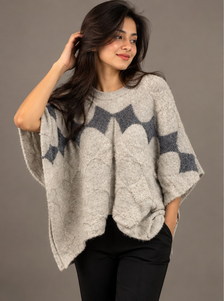 Women's Heather Grey Geometric Diamond Knit Poncho