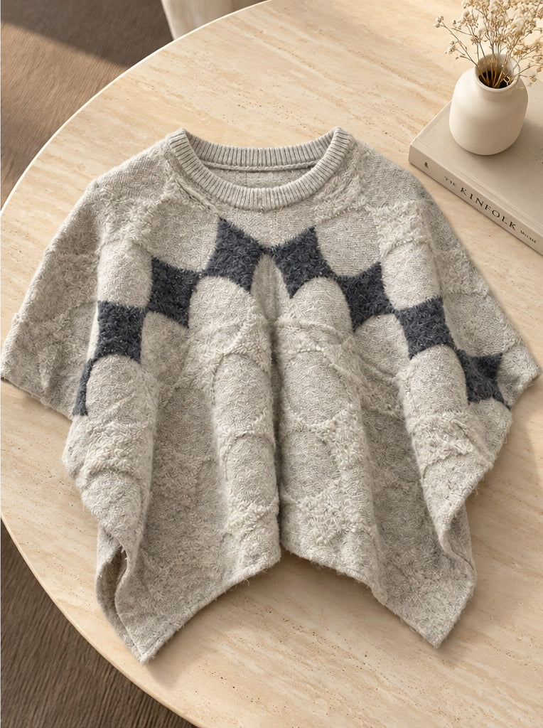 Women's Heather Grey Geometric Diamond Knit Poncho
