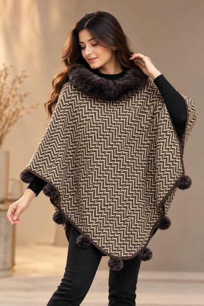 Women's Mocha Brown Chevron Knit Poncho with Fur Collar & Pompoms