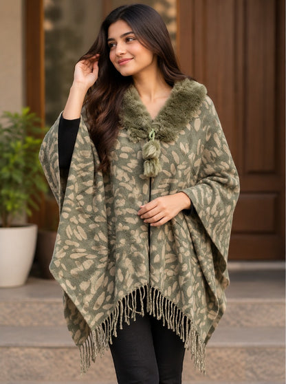 Women's Olive Green Knit Poncho with Faux Fur Collar & Fringe Hem