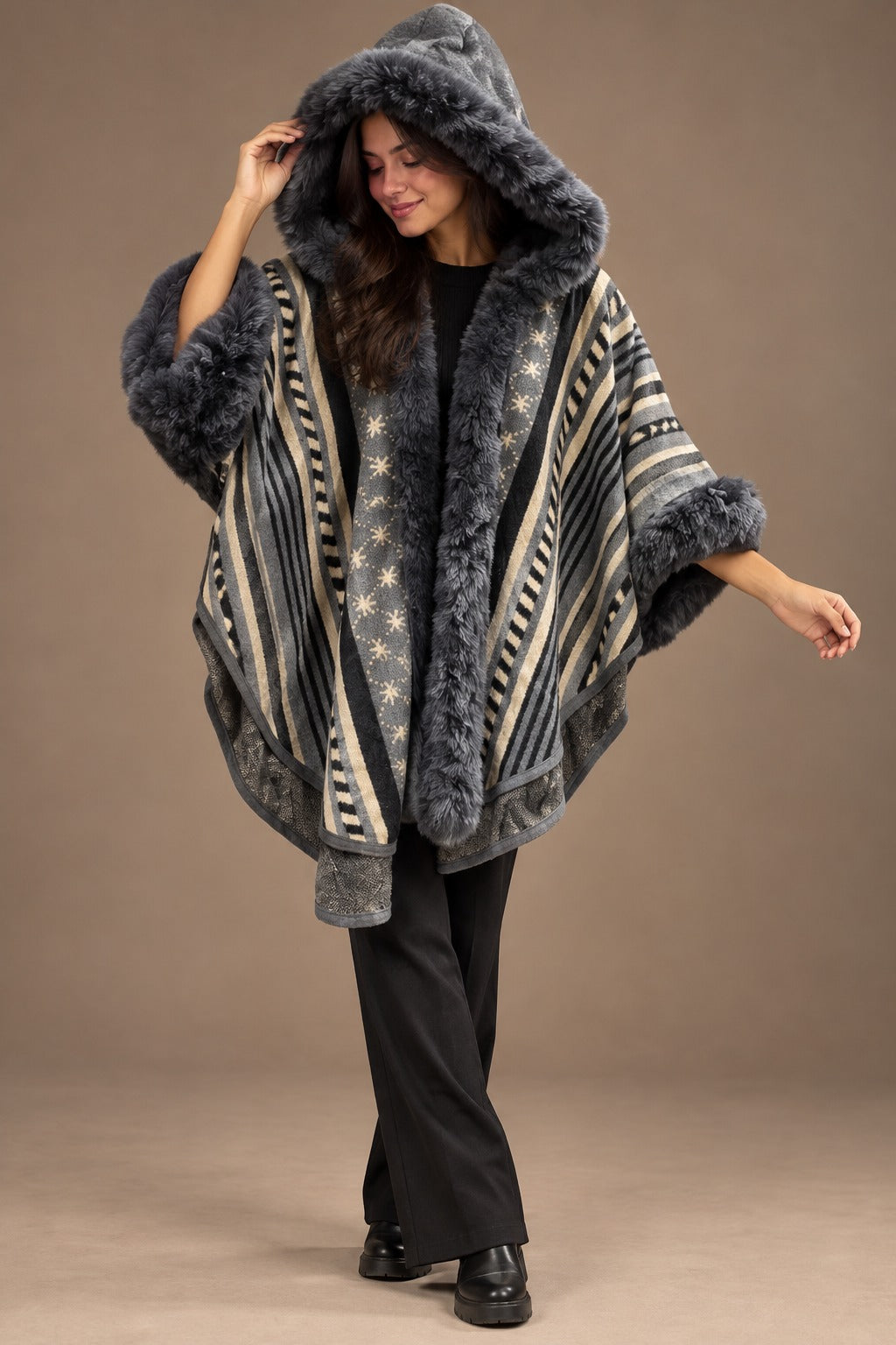 Women's Charcoal Grey Aztec Geometric Hooded Cape with Fur Border