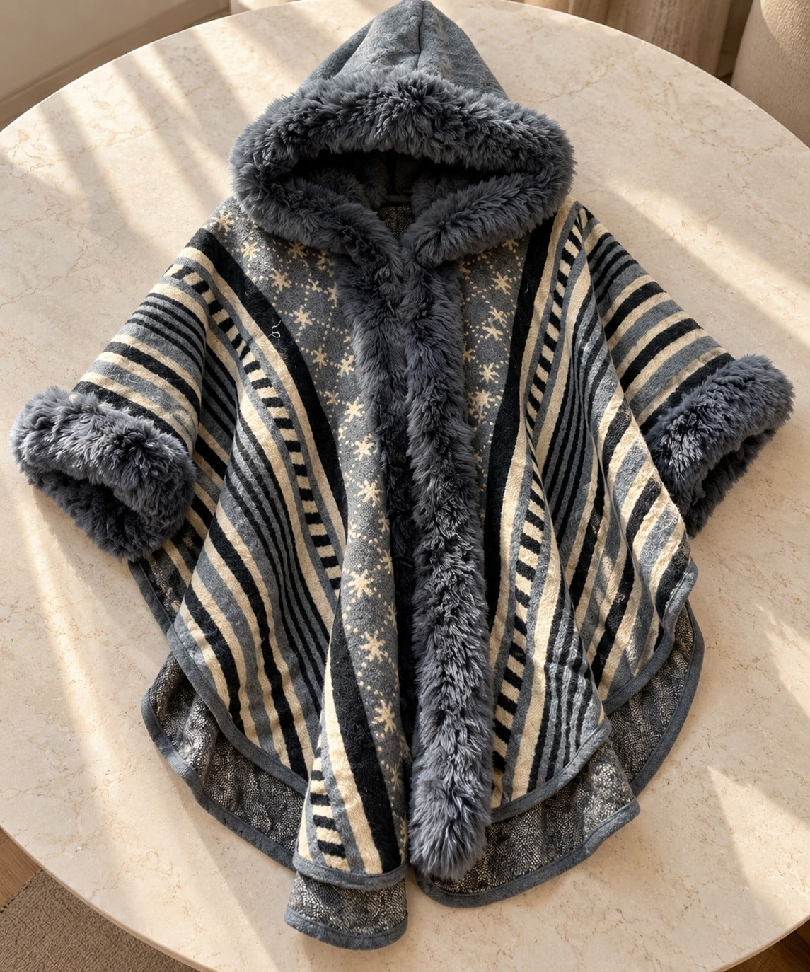 Women's Charcoal Grey Aztec Geometric Hooded Cape with Fur Border