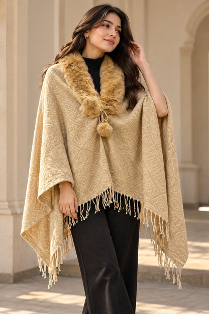 Women's Champagne Beige Diamond Textured Knit Poncho with Fur Collar & Fringe