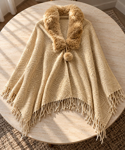 Women's Champagne Beige Diamond Textured Knit Poncho with Fur Collar & Fringe