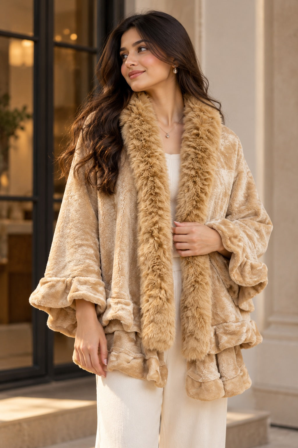 Women's Honey Gold Plush Fleece Cape Jacket with Fur Collar & Ruffled Hem
