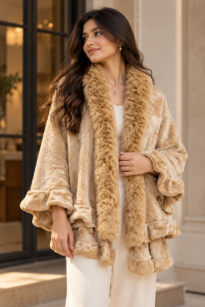 Women's Honey Gold Plush Fleece Cape Jacket with Fur Collar & Ruffled Hem