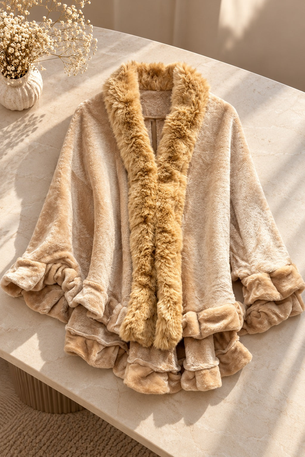 Women's Honey Gold Plush Fleece Cape Jacket with Fur Collar & Ruffled Hem