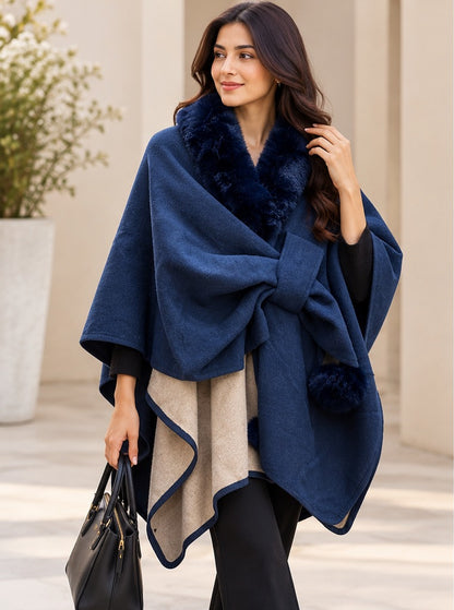 Women's Royal Blue Wrap Cape with Plush Fur Collar Trim
