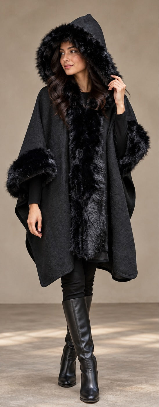 Women's Midnight Black Faux Fur Hooded Woolen Cape