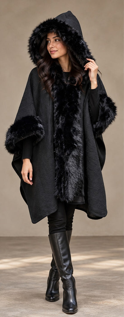 Women's Midnight Black Faux Fur Hooded Woolen Cape