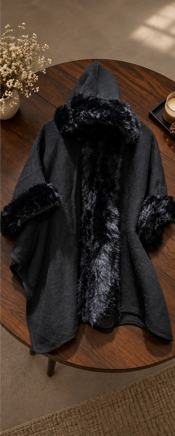Women's Midnight Black Faux Fur Hooded Woolen Cape