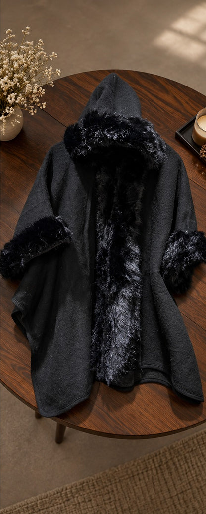 Women's Midnight Black Faux Fur Hooded Woolen Cape