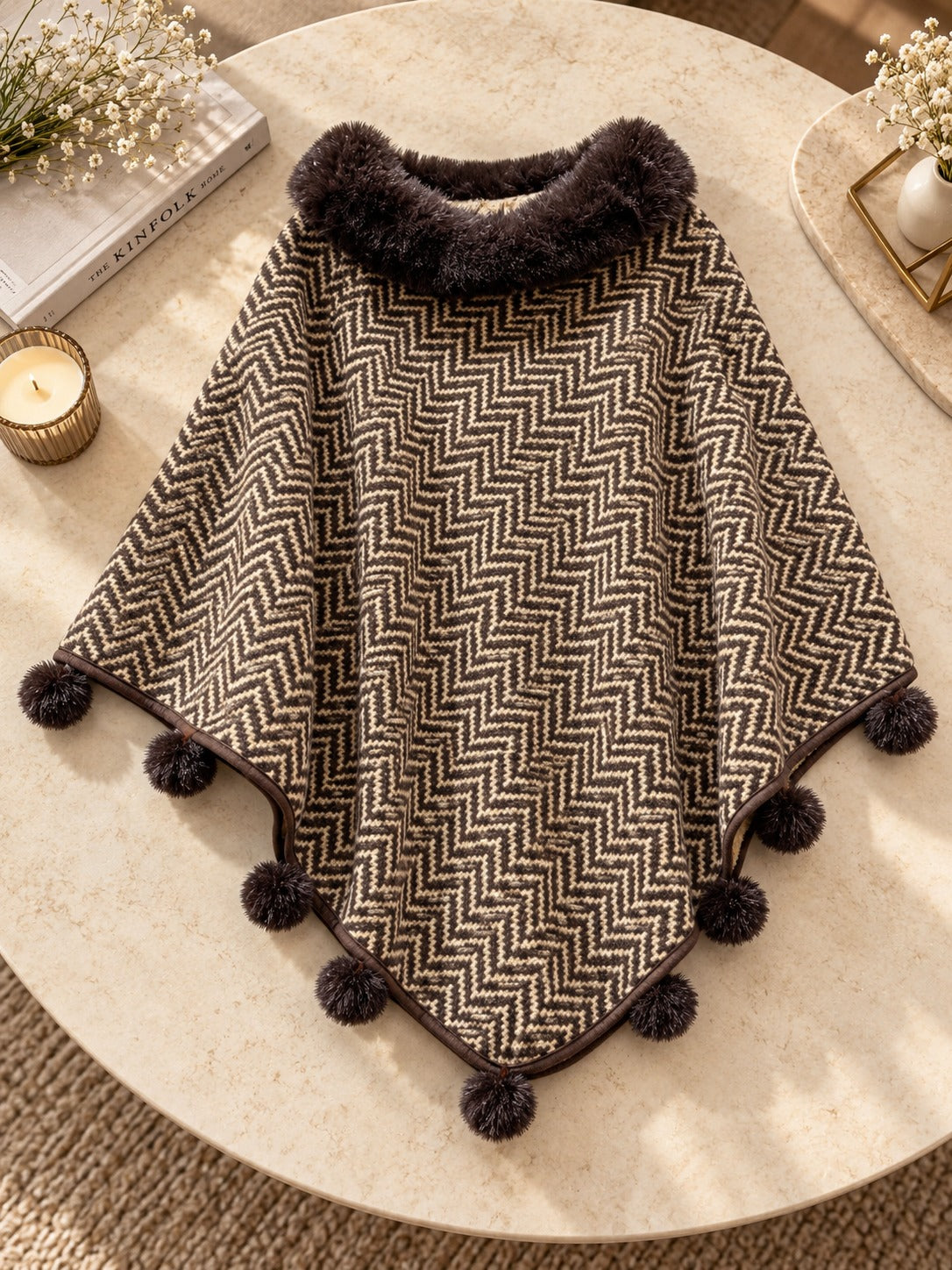 Women's Mocha Brown Chevron Knit Poncho with Fur Collar & Pompoms
