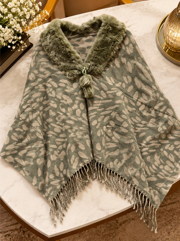 Women's Sage Green Chevron Knit Poncho with Fur Collar