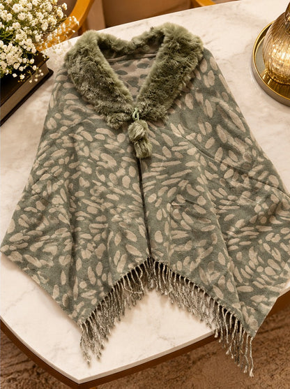 Women's Sage Green Chevron Knit Poncho with Fur Collar