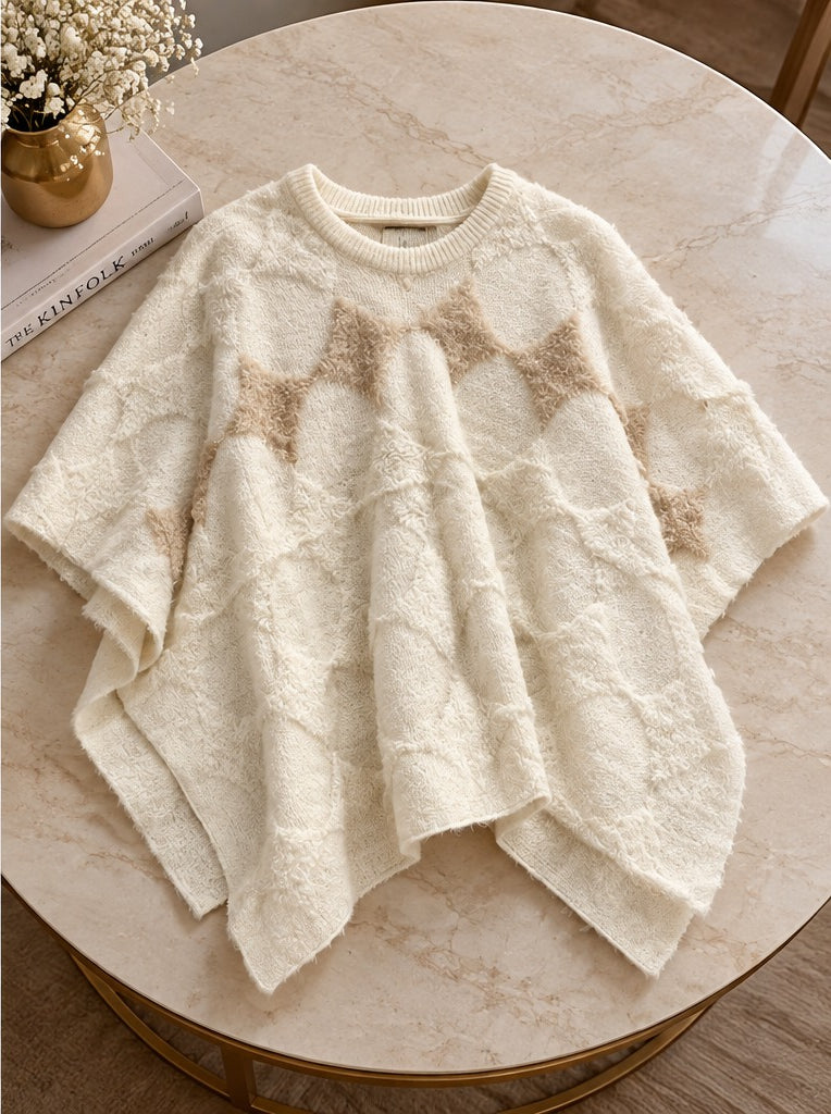 Women's Cream White Textured Knit Poncho Top