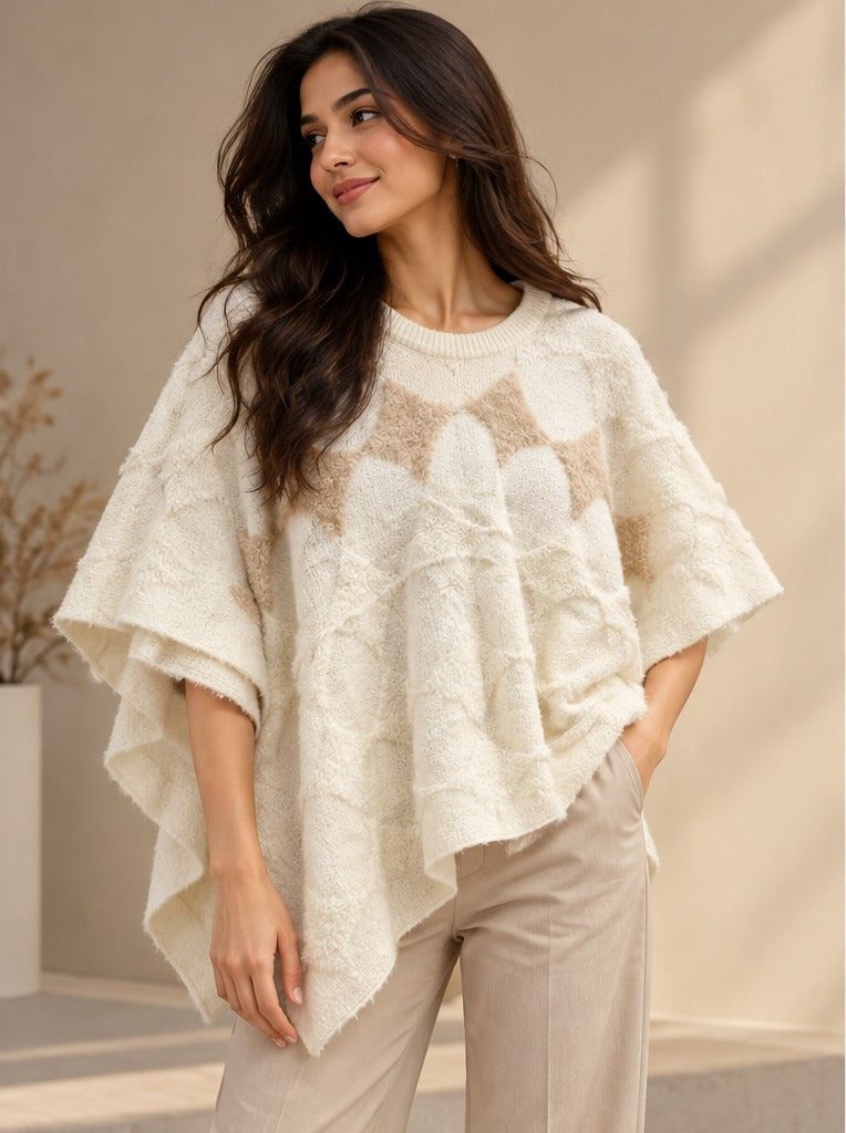 Women's Cream White Textured Knit Poncho Top