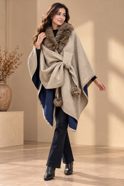 Women's Oatmeal Beige & Navy Reversible Wrap Cape with Fur Collar