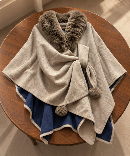 Women's Oatmeal Beige & Navy Reversible Wrap Cape with Fur Collar