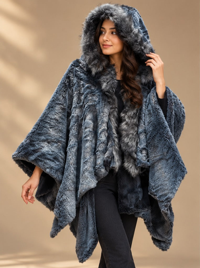 Women's Denim Blue Hooded Fur Trim Knit Cape
