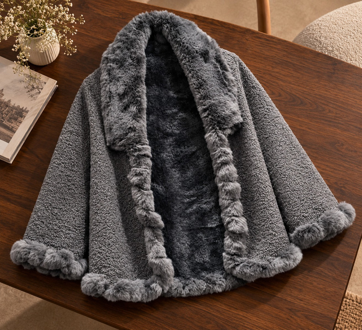 Women's Heather Grey Bouclé Plush Cape with Fur Collar & Cuffs