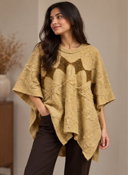 Women's Mustard Yellow Chevron Knit Poncho with Tassel Trim