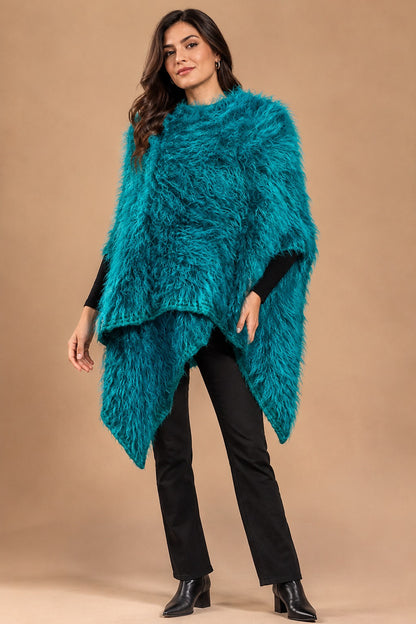 Women's Peacock Teal Shaggy Faux Fur Textured Asymmetrical Poncho