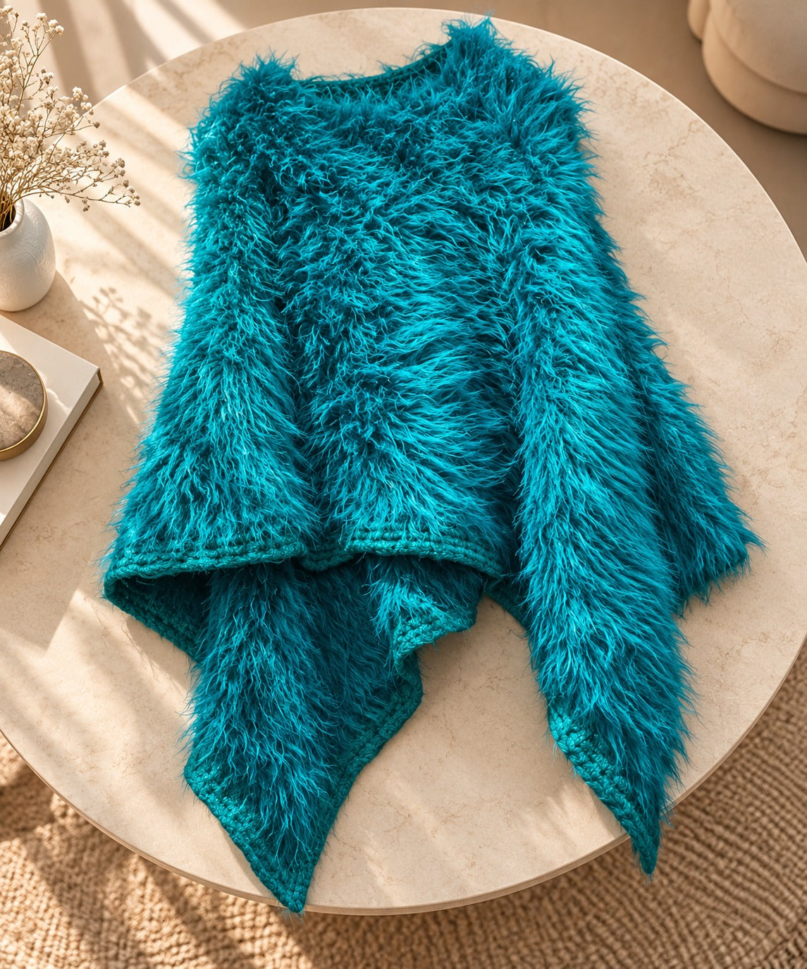 Women's Peacock Teal Shaggy Faux Fur Textured Asymmetrical Poncho