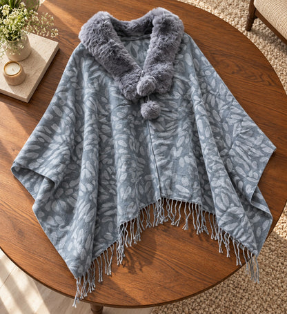Women's Slate Grey Paisley Damask Jacquard Knit Poncho with Fur Collar
