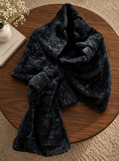 Women's Classic Black Faux Fur Trimmed Shawl Wrap