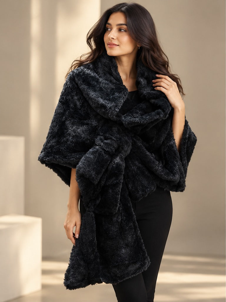 Women's Classic Black Faux Fur Trimmed Shawl Wrap