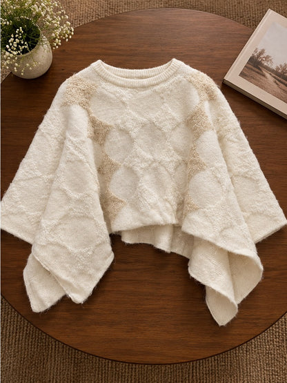 Women's Ivory Cable Knit Batwing Poncho Sweater