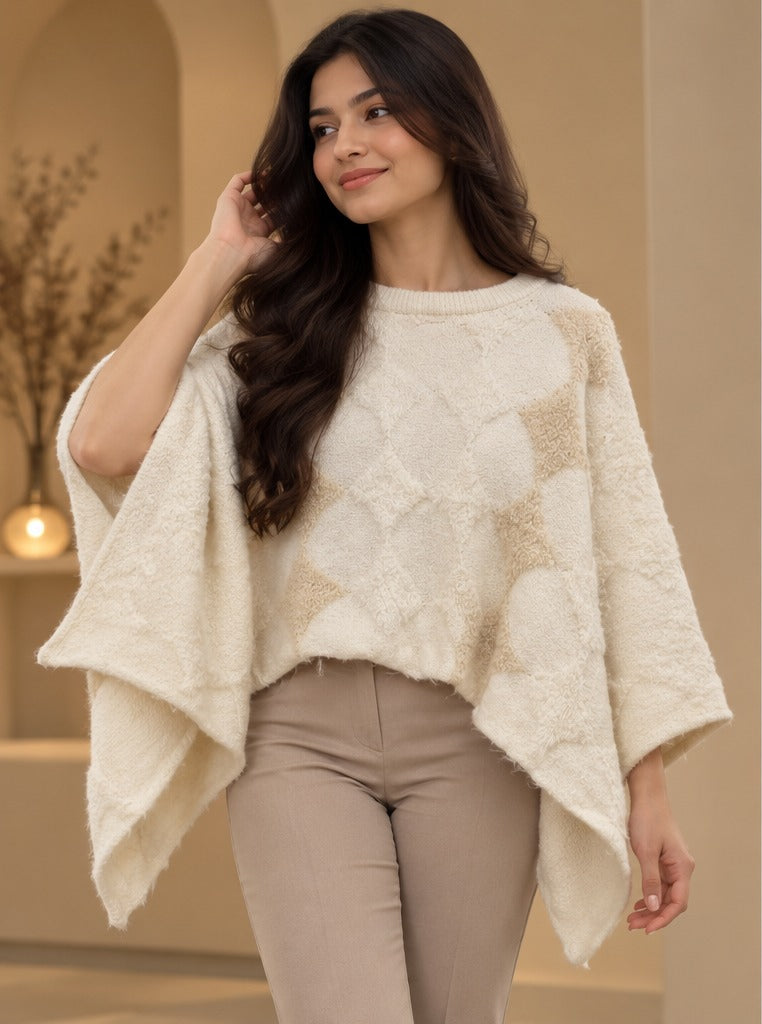Women's Ivory Cable Knit Batwing Poncho Sweater