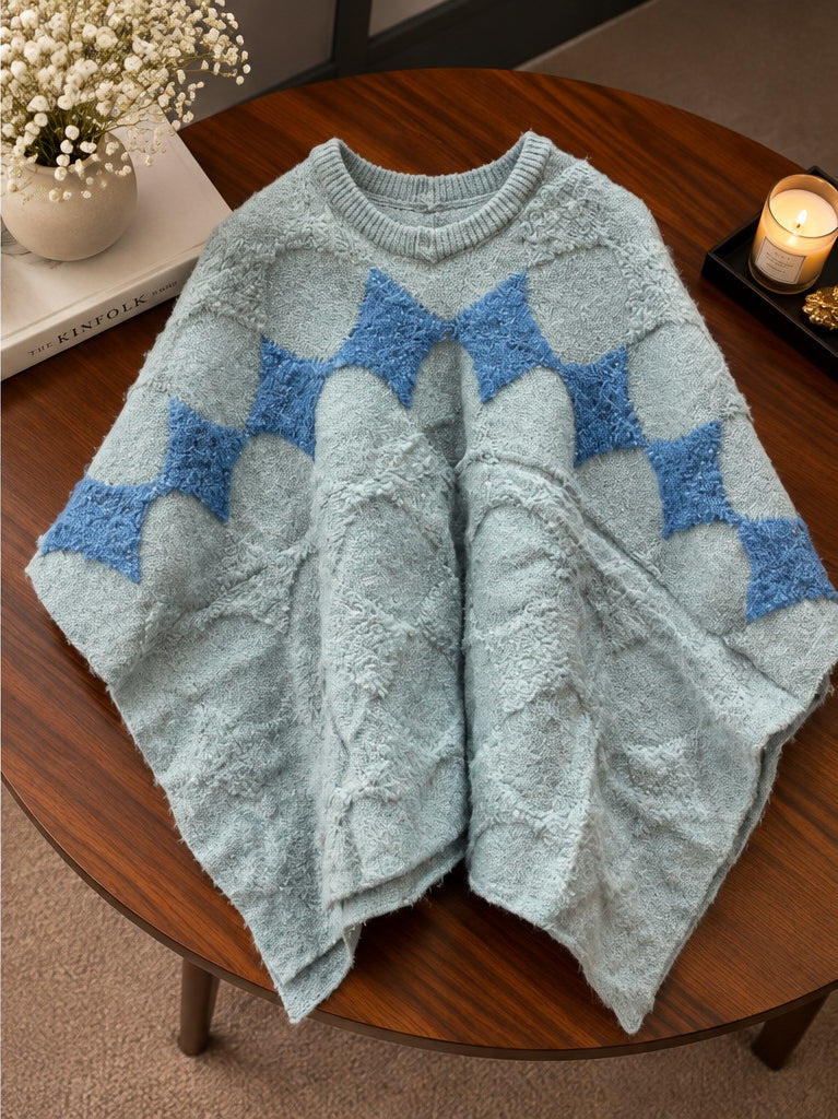 Women's Powder Blue Diamond Motif Knit Poncho