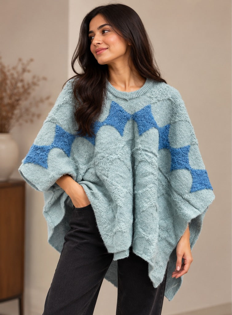 Women's Powder Blue Diamond Motif Knit Poncho