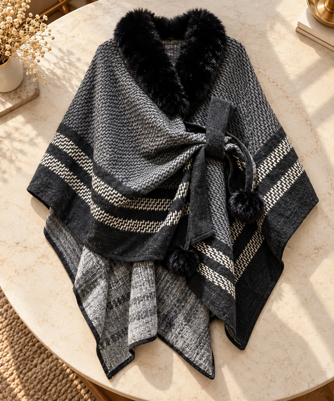 Women's Black & Charcoal Striped Aztec Jacquard Wrap Cape with Fur Collar