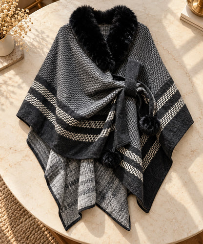 Women's Black & Charcoal Striped Aztec Jacquard Wrap Cape with Fur Collar