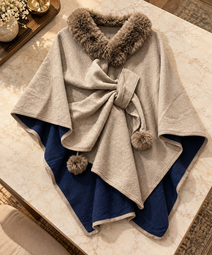 Women's Oatmeal Beige & Navy Reversible Wrap Cape with Fur Collar