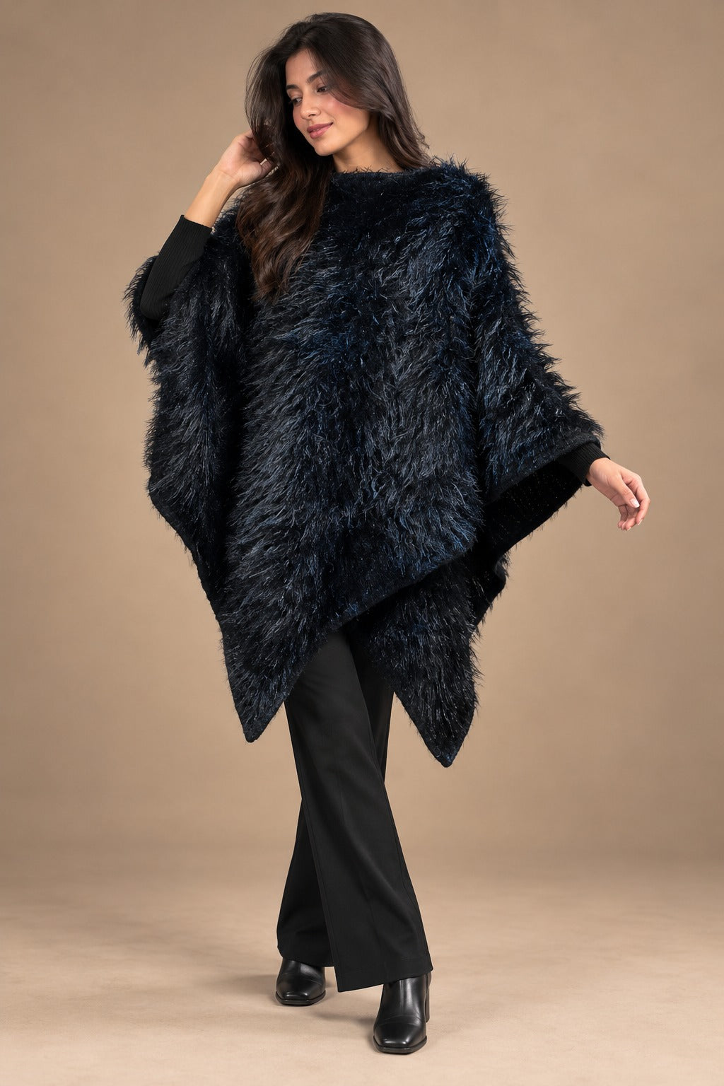 Women's Midnight Black Shaggy Faux Fur Textured Asymmetrical Poncho