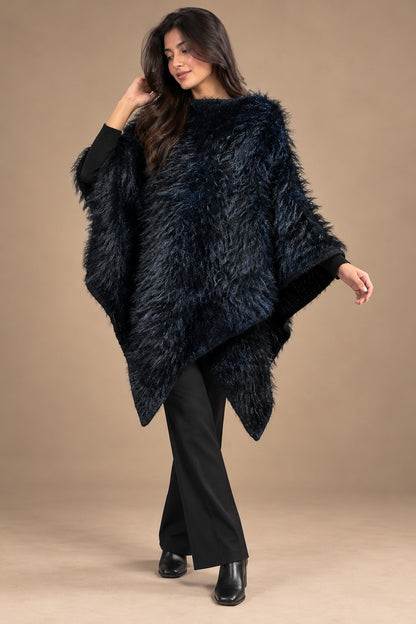 Women's Midnight Black Shaggy Faux Fur Textured Asymmetrical Poncho