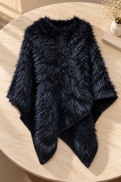 Women's Midnight Black Shaggy Faux Fur Textured Asymmetrical Poncho